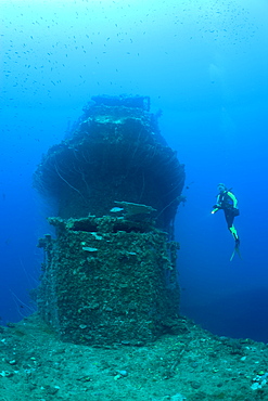 Bridge of USS Saratoga and Diver, Marshall Islands, Bikini Atoll, Micronesia, Pacific Ocean