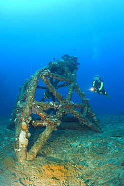 Diver and Blast Tower on Flight Deck of USS Saratoga, Marshall Islands, Bikini Atoll, Micronesia, Pacific Ocean