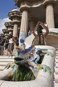 Tourist Attraction Mosaic Dragon Fountain in Park Guell of Architect Antoni Gaudi, Barcelona, Catalonia, Spain