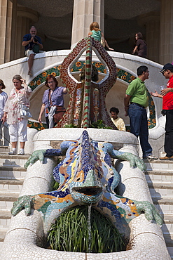 Tourist Attraction Mosaic Dragon Fountain in Park Guell of Architect Antoni Gaudi, Barcelona, Catalonia, Spain