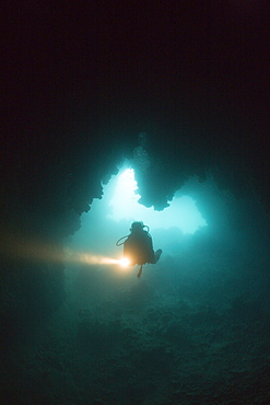 Diver at Entrance of Chandelier Dripstone Cave, Micronesia, Palau