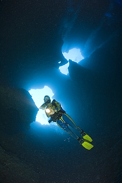 Diver in Blue Hole Cave, Micronesia, Palau