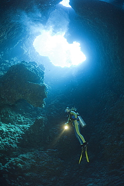 Diver in Blue Hole Cave, Micronesia, Palau