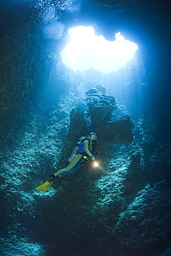 Diver in Blue Hole Cave, Micronesia, Palau