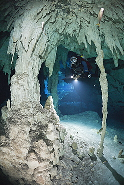 Scuba Diver in Gran Cenote, Tulum, Yucatan Peninsula, Mexico