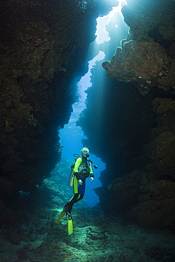 Scuba diver in Underwater Cave, Namena Marine Reserve, Fiji, Pacific