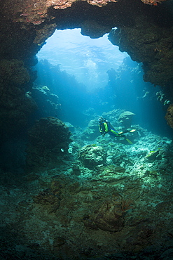 Scuba diver in Underwater Cave, Namena Marine Reserve, Fiji, Pacific