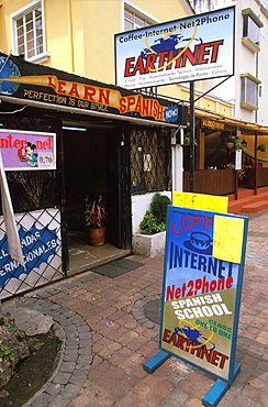 Ecuador's capital and second largest city restaurants and Cyber Cafes along Calama at Juan Leon Mera in the New Town area, Quito, Ecuador