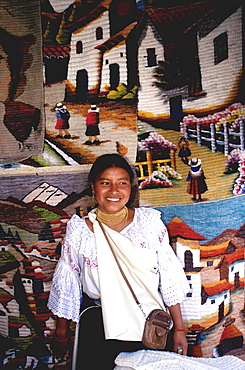 Otavalo, north of Quito is one of Latin Am's most famous markets for textiles, crafts and produce Otavalo woman selling textiles, Quito, Ecuador