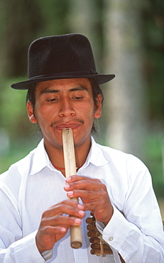 Hacienda Pinsaqui hacienda now hotel north of Quito musicians with traditional instruments a 'queno' bamboo flute, Colonial Architecture, Ecuador