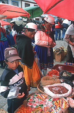 The main produce market in Canar a town north of Cuenca and home of the Canari Indians recognized by woman's distinctive round hat, Highlands, Ecuador