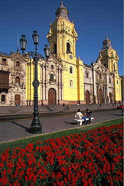 The Cathedral built in 1564-1625, on the Plaza de Armas which contains the tomb of Francisco Pizarro the conqueror of the Incas, Colonial Architecture, Lima, Peru