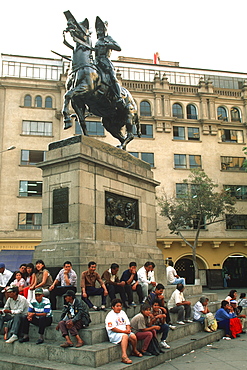 The statue of Francisco Pizarro, the Conqueror of the Incas, on a corner of the Plaza de Armas, Lima, Peru