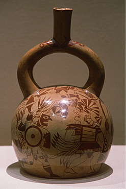 Mochica (Moche) Culture, 200BC-800AD north coast ceramic 'stirrup-spout' vessel with battle scene and warriors, Peru