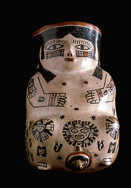 Precolumbian Ceramics Nazca Culture, 200-800AD vase showing a mother giving birth with mythical portraits in the collection of the Museo Amano, Lima, Peru