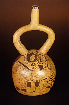 Precolumbian Ceramics Mochi Culture a ceramic stirrup-spout vase from 100-800 BC handpainted with figure that is part human and part bird, Peru