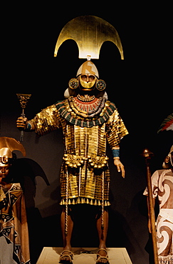 Gold Artifacts Moche (Mochica) Culture, 100 to 700AD, NCoast Lord of Sipan Tomb, c300AD reconstruction of Lord in ornaments denoting power and rank, Peru