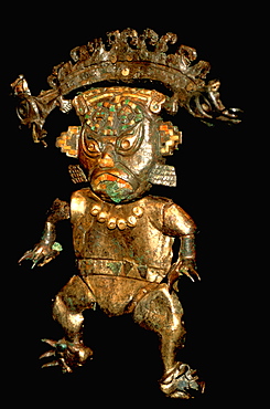 Gold Artifacts Moche (Mochica) Culture, 100 to 700AD, NCoast 'feline-man' fr Old Lord of Sipan Tomb, 200AD, gilded divinity reigns over sea, land & sky, Peru