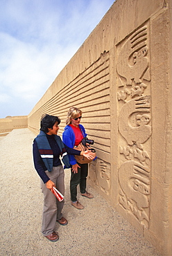 Chimu Culture Chan Chan, 1300-1468AD, capital of empire and world's largest adobe city covering 20 sqkm near Trujillo walls of the Palacio Tschuldi, Peru