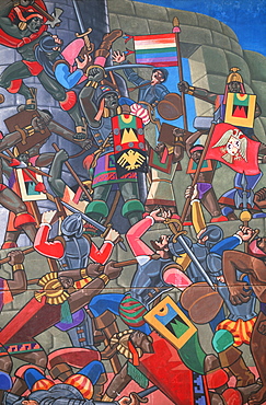 Mural by Juan Bravo, c1995 the history of the Incas and attack of Pizarro and the Spanish on Cuzco and Sacsayhuaman fortress, Cuzco, Peru