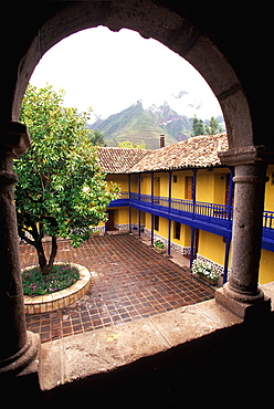 In the Sacred Valley of the Incas the Colonial Hacienda at Yucay, now a hotel with a beautiful courtyard, Cuzco area, Highlands, Peru