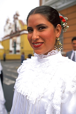 A colonial city on Peru's north coast the Tribute to the Flag Parade on Plaza de Armas dancer in colonial dress typical of Trujillo, Trujillo, Peru