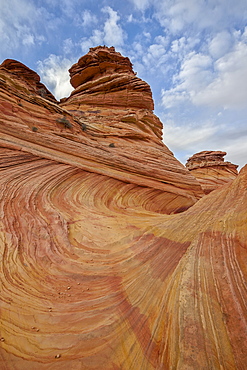 Sandstone wave and cones under clouds, Coyote Buttes Wilderness, Vermilion Cliffs National Monument, Arizona, United States of America, North America