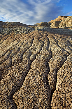 Cracks in eroded badlands, Badlands National Park, South Dakota, United States of America, North America