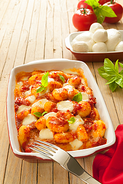 Gnocchi Sorrento style with parmesan, tomato sauce, mozzarella and basil, Campania, Italy, Europe