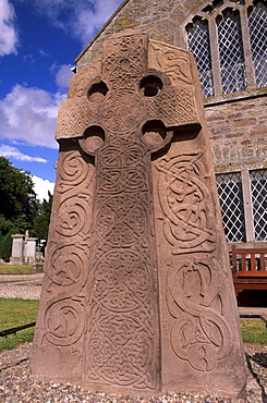 Eighth century cross slab with Christian Celtic cross and Pictish beasts, in the churchyard of Aberlemno, Angus, Scotland, United Kingdom, Europe