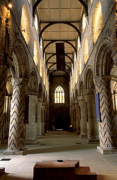 Three storey Norman nave built in the 12th century, Dunfermline Abbey church, where Robert the Bruce is buried, Dunfermline, Fife, Scotland, United Kingdom, Europe