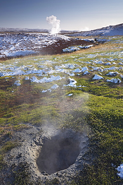 Geothermal activity of mudpots, geysers, and hot springs, at Geysir, Haukadalur valley, Golden Circle, Iceland, Polar Regions