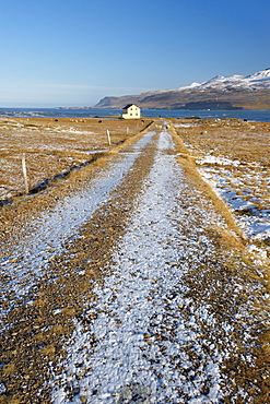 Yellow house at Os near Bakkagerdi in Borgarfjordur Eystri fjord, East Fjords, Iceland, Polar Regions