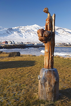 Wooden sculpture (trolls) at Bakkagerdi, Borgarfjordur Eystri, East Fjords area, Iceland, Polar Regions
