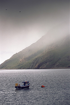 Ronas Voe and fishing boat, Ronas Hill, Northmavine, Shetland Islands, Scotland, United Kingdom, Europe