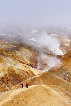 Hikers exploring the active hot spring area at Kerlingarfjoll, Iceland, Polar Regions