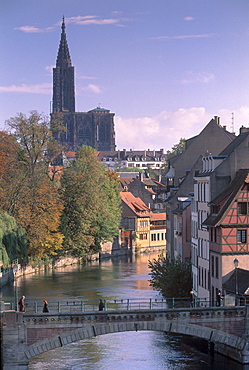 The Ponts Couverts (Covered-bridges) dating from the 14th century, over the River Ill, part of the Grande Ile, UNESCO World Heritage Site, with Petite France quarter and Cathedral in background, Strasbourg, Alsace, France, Europe