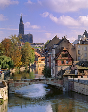 The Ponts-couverts (Covered-bridges) dating from the 14th century over the River Ill, Grande Ile, UNESCO World Heritage Site, with Petite France quarter and cathedral in the background, Strasbourg, Alsace, France, Europe