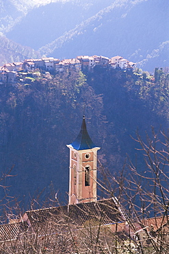 Belltower and village near Antona, Apuane Alps, Tuscany, Italy, Europe