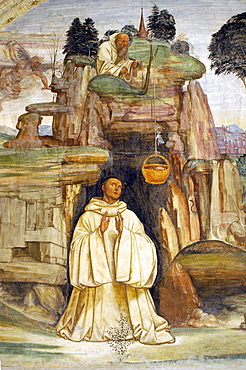 Frescoes in cloister by High Renaissance painter Il Sodoma (Giovanni Antonio Bazzi) painted between 1505 and 1508, of the life of St. Benedict (San Benedetto), showing St. Benedict receiving his Easter meal from a monk, Monte Oliveto Maggiore Abbey, Chiusure, Tuscany, Italy, Europe