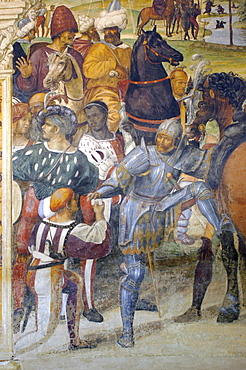 Detail of frescoes in cloister by famous Renaissance painter Luca Signorelli, of the life of St. Benedict (San Benedetto), showing the meeting between Totila, King of Goths, and San Benedetto, Monte Oliveto Maggiore Abbey, Chiusure, Tuscany, Italy, Europe