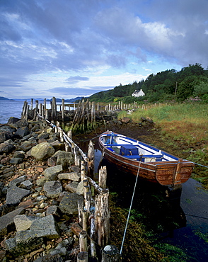 Boat, cottage and Loch Fyne near Furnace, Argyll and Bute, Scotland, United Kingdom, Europe