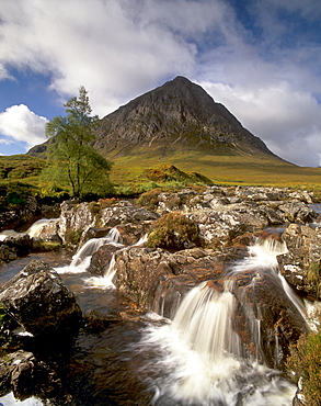 Waterfall on River Coupall, Buachaille Etive Mor in background, Glen Etive, near Glencoe, Highland region, Scotland, United Kingdom, Europe