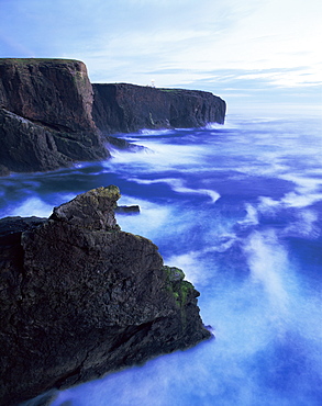 Eshaness basalt cliffs at dusk, Eshaness, Northmavine, Shetland Islands, Scotland, United Kingdom, Europe