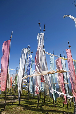 Buddhist prayer flags on Cheli La Pass (3810mt), from Paro to Haa Valley, Paro, Bhutan, Asia