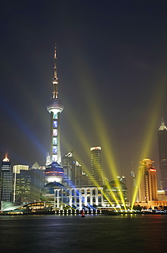 The Oriental Pearl Tower in the Pudong District at night, Shanghai, China, Asia