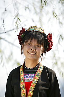 Young woman of Yao Minority mountain tribe, with traditional costume, Li River, Yangshuo, Guangxi Province, China, Asia