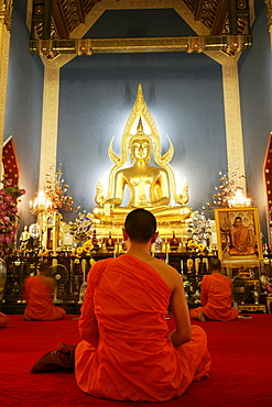 Buddhist monk praying, Wat Benchamabophit (Marble Temple), Bangkok, Thailand, Southeast Asia, Asia