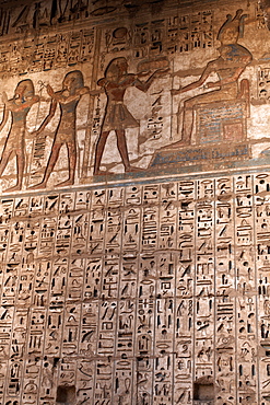 Images and hieroglyphics adorn the walls of Medinet Habu temple complex, Thebes, UNESCO World Heritage Site, Egypt, North Africa, Africa