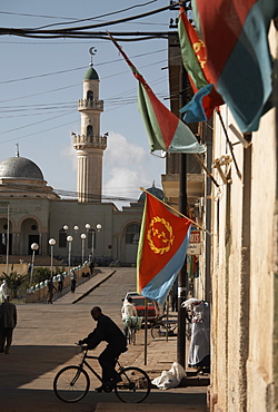 National flags adjorn the streets for Worker's Day, Asmara, Eritrea, Africa